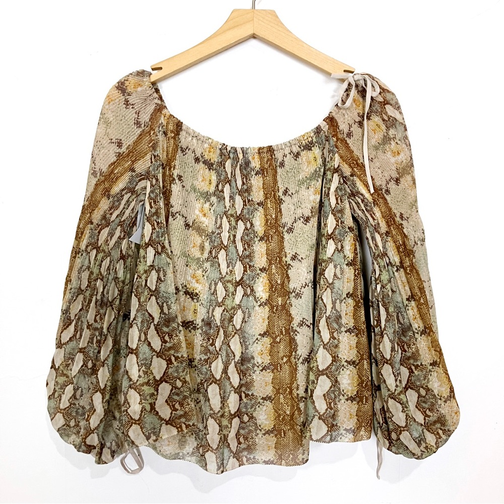 NWT Wilfred Talence blouse puff sleeve off shoulder snake print pleat chiffon